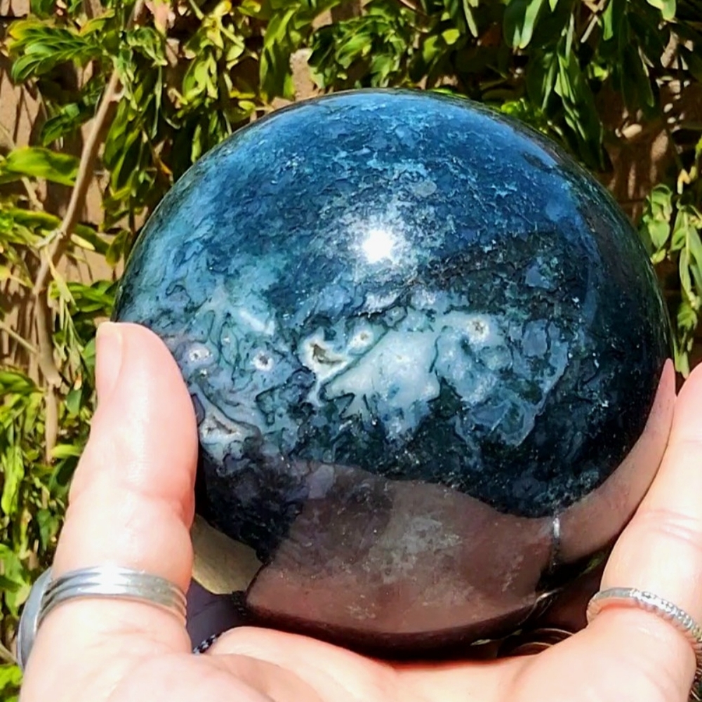 Huge Dark Midnight Blue Moss Agate Sphere with Crystallized Druzy- So Gorgeous!!
